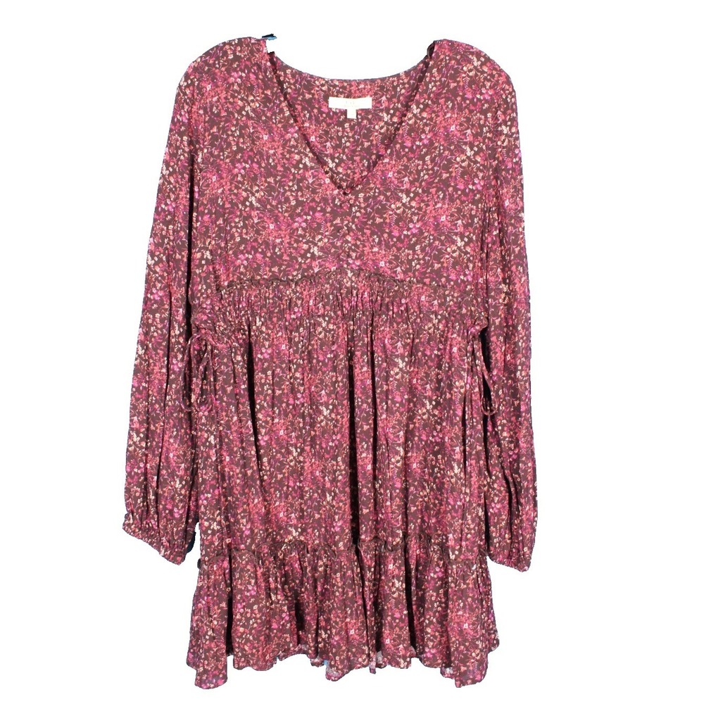 CHELSEA & VIOLET Maroon CREPE Tie Gathered Waist FLORAL PRINT Empire Dress Sz S